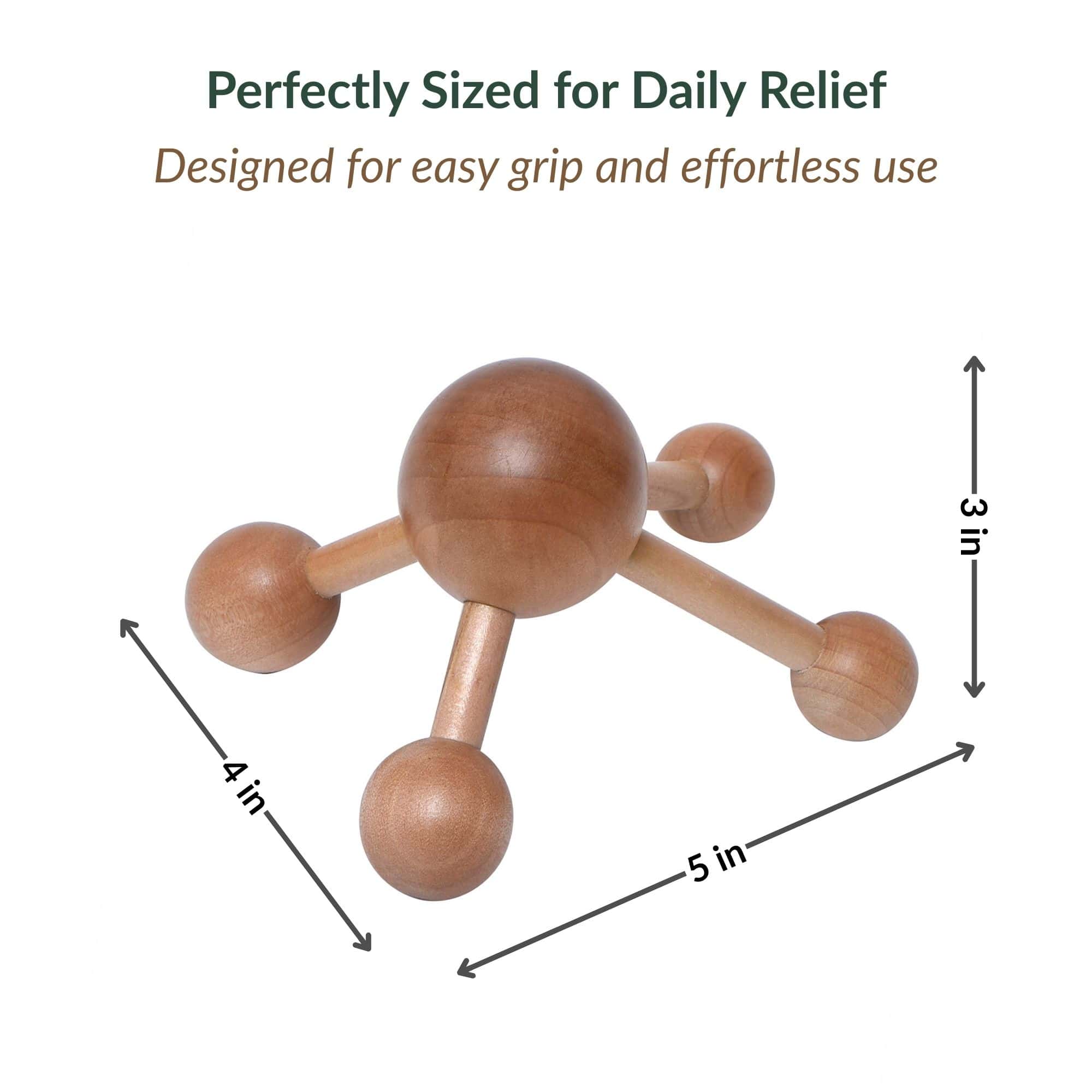 Wooden node massager with dimension callouts showing 5 in. x 4 in. x 3 in.