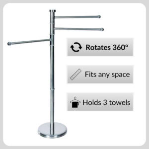 "Chrome swivel towel rack with feature callouts: rotates 360°, fits any space, holds 3 towels"