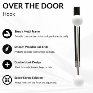 "Product features infographic for chrome over-the-door hook with white ball ends"