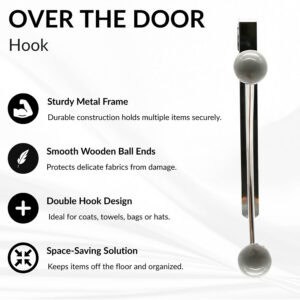 "Product features infographic for chrome over-the-door hook with gray ball ends"