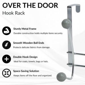 "Features infographic for chrome over-the-door hook rack with gray ball ends"