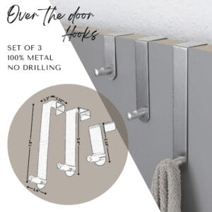 "Product infographic showing brushed steel over-door hook set of 3 with dimensions: large 7.9", medium 5.4", small 2.14""