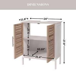 Open cabinet view displaying interior dimensions: Interior view of the cabinet showcasing two spacious compartments with a fixed shelf, perfect for organizing bathroom items.