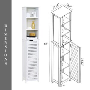 Detailed dimensions diagram of the tall white storage cabinet, displaying shelf heights, width, and depth for accurate spatial planning.
