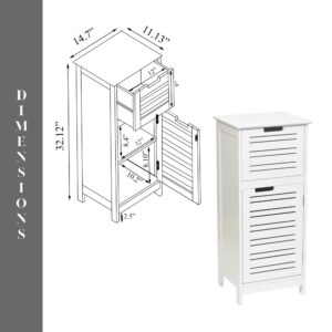 Dimension diagram of white slatted bathroom cabinet showing 14.7"W x 11.13"D x 32.12"H with interior shelf measurements, alongside product photo
