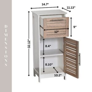 "Dimension diagram of bathroom cabinet showing 14.7"W x 11.13"D x 32.12"H with interior shelf measurements"