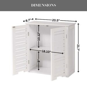 "Dimension diagram of white wall cabinet showing 20.5"W x 8.7"D x 21.7"H with interior shelf measurements"