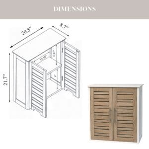 "Dimension diagram of white and oak wall cabinet showing 20.5"W x 8.7"D x 21.7"H with interior shelf measurements"