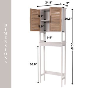 “Dimension diagram of white over-the-toilet cabinet with wood-look doors and measurements”