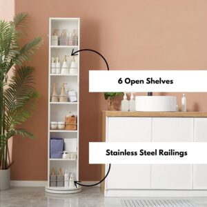 6 Open Shelves with Stainless Steel Railings for Organization - The cabinet's interior displaying six open shelves with stainless steel railings, filled with various bathroom essentials and decor items.