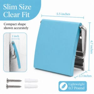 Aqua Blue cover toilet paper holder shown at an angle with a side-profile inset and included screws and wall anchors. "Slim Size Clear Fit" / "Compact shape shown accurately". Dimensions 5.5 in wide, 4.7 in high, 2.3 in deep, 1 in wall projection, "Lightweight 0.7 Pound".