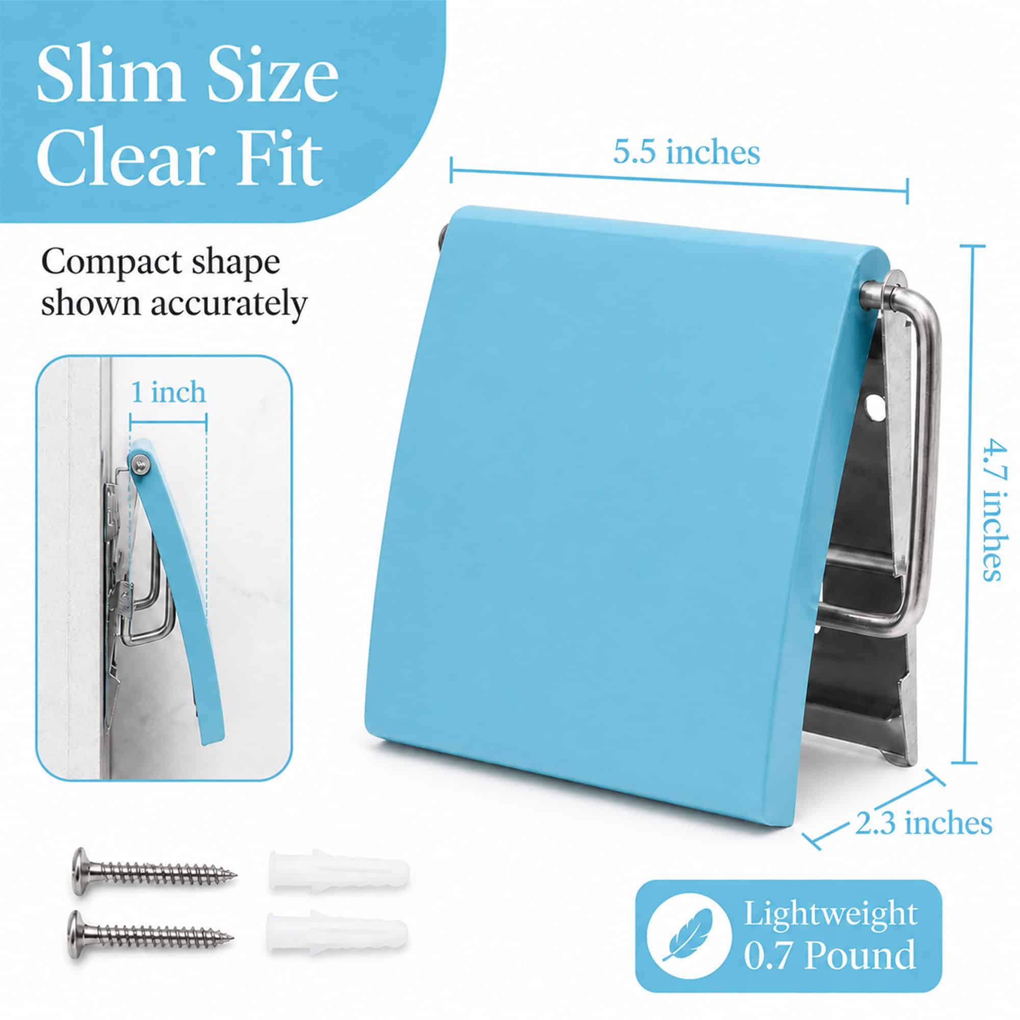 Aqua Blue cover toilet paper holder shown at an angle with a side-profile inset and included screws and wall anchors. "Slim Size Clear Fit" / "Compact shape shown accurately". Dimensions 5.5 in wide, 4.7 in high, 2.3 in deep, 1 in wall projection, "Lightweight 0.7 Pound".