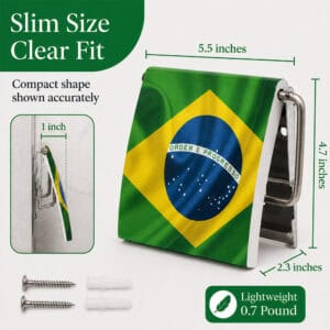 Brazil flag print toilet paper holder shown at an angle with a side-profile inset and included screws and wall anchors. "Slim Size Clear Fit" / "Compact shape shown accurately". Dimensions 5.5 in wide, 4.7 in high, 2.3 in deep, 1 in wall projection, "Lightweight 0.7 Pound".