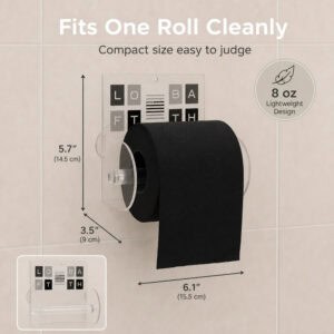 Loft Bath clear acrylic toilet paper holder on beige tile holding a black roll. "Fits One Roll Cleanly" / "Compact size easy to judge". Dimensions 5.7 in (14.5 cm) high, 3.5 in (9 cm) deep, 6.1 in (15.5 cm) wide, with an "8 oz Lightweight Design" badge.