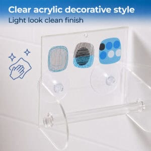 Street Art clear acrylic toilet paper holder close-up showing suction cups and roll bar. "Clear acrylic decorative style" / "Light look clean finish" with a wipe-clean icon.