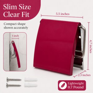 Fuchsia cover toilet paper holder shown at an angle with a side-profile inset and included screws and wall anchors. "Slim Size Clear Fit" / "Compact shape shown accurately". Dimensions 5.5 in wide, 4.7 in high, 2.3 in deep, 1 in wall projection, "Lightweight 0.7 Pound".