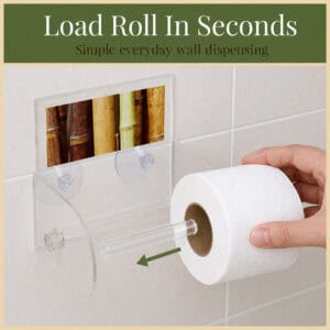 Hand loading a white roll onto the Bamboo clear acrylic toilet paper holder on tile, with an arrow showing the rod sliding out. "Load Roll In Seconds" / "Simple everyday wall dispensing".