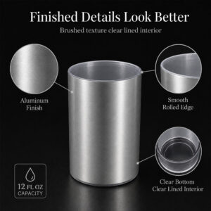 Brushed aluminum bath tumbler cup holder Noumea with clear lined interior and 12 oz capacity