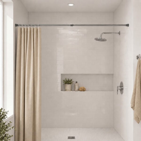 Chrome tension shower curtain rod installed in modern bathroom, walk-in shower with subway tile and niche