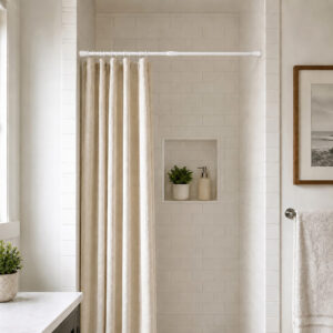 Matte white tension shower curtain rod installed in small bathroom shower alcove with white subway tile and beige curtain
