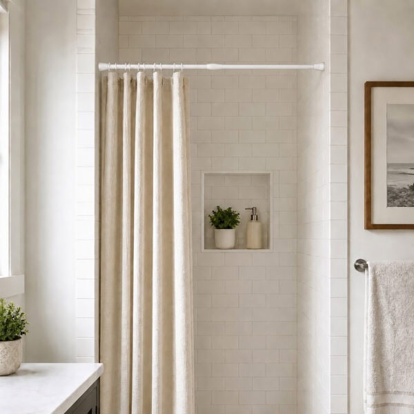 Matte white tension shower curtain rod installed in small bathroom shower alcove with white subway tile and beige curtain