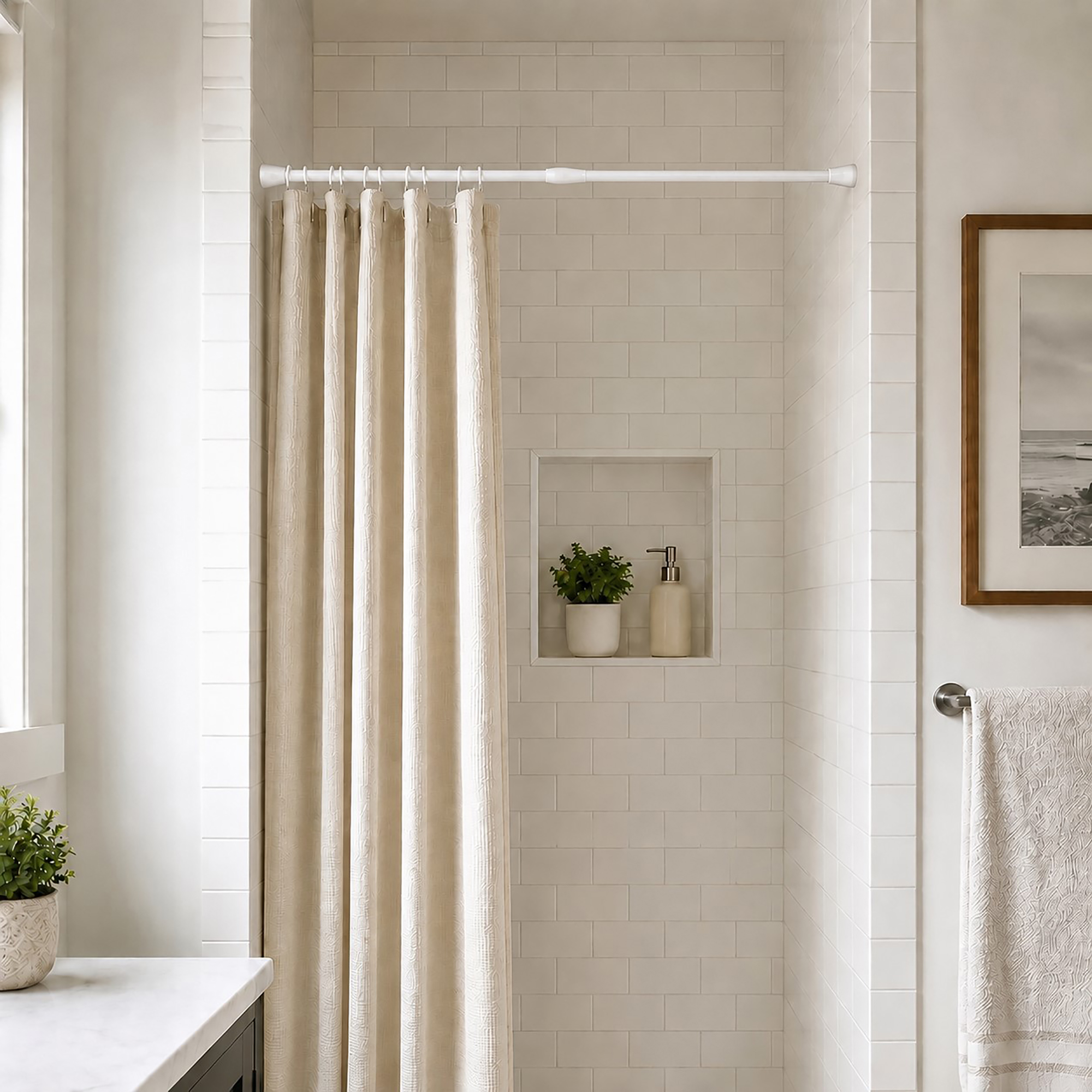 Matte white tension shower curtain rod installed in small bathroom shower alcove with white subway tile and beige curtain