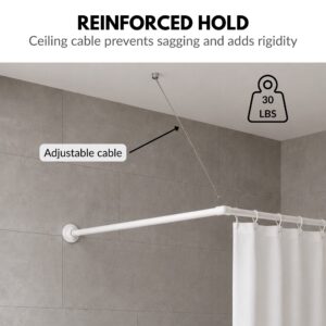 Reinforced hold L-shaped shower rod with stabilizing ceiling cable that prevents sagging and adds rigidity to the corner