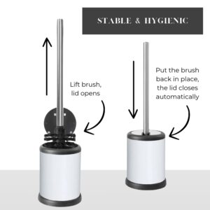 Toilet brush holder with automatic lid closure system for hygienic use, demonstrating brush lift and lid functionality.