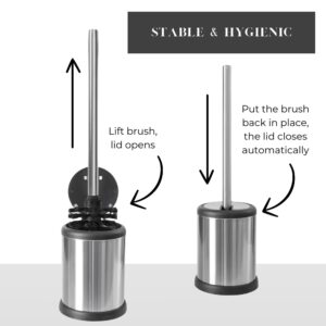 Toilet brush holder with automatic lid closure for hygienic use, demonstrating the brush lift and lid mechanism.