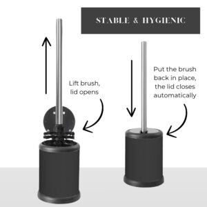 Toilet brush holder with automatic lid closure for hygienic use, showing the brush lift and lid functionality.