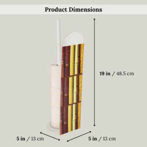 Product dimensions of bamboo-style freestanding toilet paper holder labeled 19 inches tall by 5 inches wide