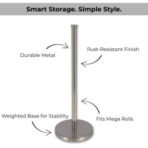 Silver toilet paper stand with labels for rust-resistant finish, durable metal, and stable base
