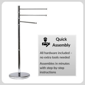 "Chrome 3-arm towel rack with quick assembly callout highlighting included hardware"