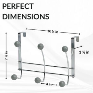 "Chrome over-the-door hook rack dimensions: 10.5" wide, 7.5" tall, 4" deep, 1.625" door clearance"