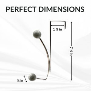 "Dimensions diagram: chrome over-the-door hook with gray balls, 7½ in tall, 1⅝ in wide, ⅞ in deep"
