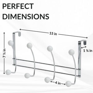 "Dimensions diagram: chrome over-the-door hook rack, 15 in wide, 7½ in tall, 1⅝ in door gap, 4 in hook spacing"