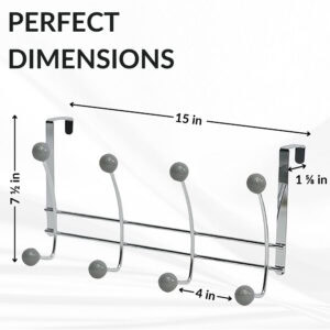 "Dimensions diagram: chrome over-the-door hook rack with gray balls, 15 in wide, 7½ in tall, 1⅝ in door gap, 4 in hook spacing"