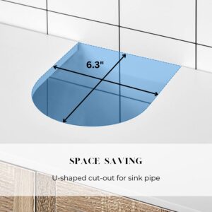 Close-up of the U-shaped cut-out: Detailed view of the cabinet top with a U-shaped cut-out designed for sink pipe compatibility, ensuring a snug fit under most sinks.