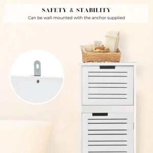 Safety feature callout showing metal wall anchor bracket close-up, with white slatted cabinet holding wicker basket on top