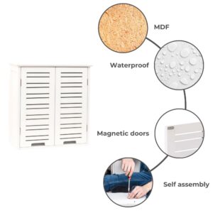 "Features diagram highlighting MDF construction, waterproof finish, magnetic doors, and self-assembly"
