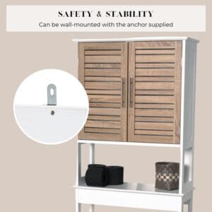 “Close-up of wall-mounting safety anchor on white over-the-toilet cabinet with wood-look doors”