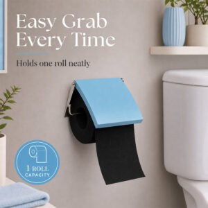 Aqua Blue cover toilet paper holder on a wall holding a black roll under a flip-up blue cover. "Easy Grab Every Time" / "Holds one roll neatly", with a "1 ROLL CAPACITY" badge.