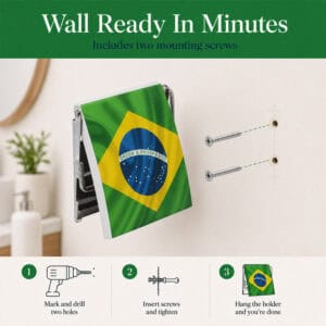 Brazil flag print toilet paper holder on a wall beside two mounting screws and a drill-hole diagram. "Wall Ready In Minutes" / "Includes two mounting screws", with mark-and-drill, insert-screws, and hang steps.