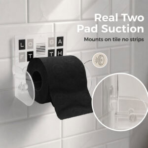 Loft Bath clear acrylic toilet paper holder on white subway tile holding a black roll, with a close-up of the twin suction pads. "Real Two Pad Suction" / "Mounts on tile no strips".