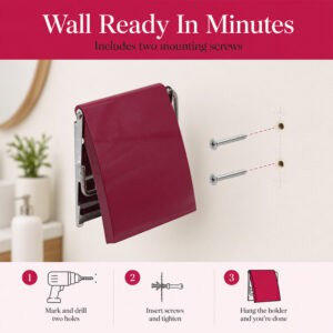 Fuchsia cover toilet paper holder on a wall beside two mounting screws and a drill-hole diagram. "Wall Ready In Minutes" / "Includes two mounting screws", with mark-and-drill, insert-screws, and hang steps.