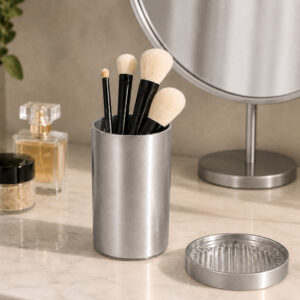 Brushed aluminum bath tumbler cup holder Noumea used as a makeup brush vanity organizer