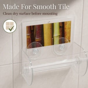 Bamboo clear acrylic toilet paper holder close-up on tile showing the twin suction cups and roll bar, with a tile check icon. "Made For Smooth Tile" / "Clean dry surface before mounting".