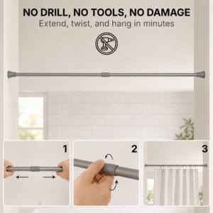 No drill tension shower curtain rod chrome installation in 3 steps extend twist and hang in minutes no tools needed