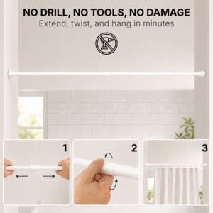 No drill tension shower curtain rod white installation in 3 steps extend twist and hang in minutes no tools needed