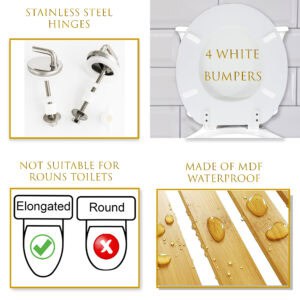 Diagram showing elongated toilet seat compatibility, stainless steel hinges, MDF waterproof material, white bumpers